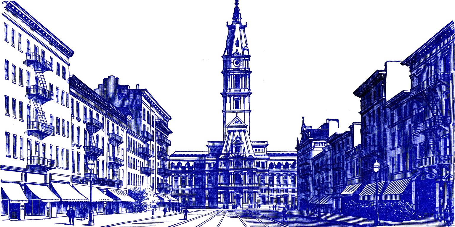 Engraving of Philadelphia City Hall at the end of a wide street