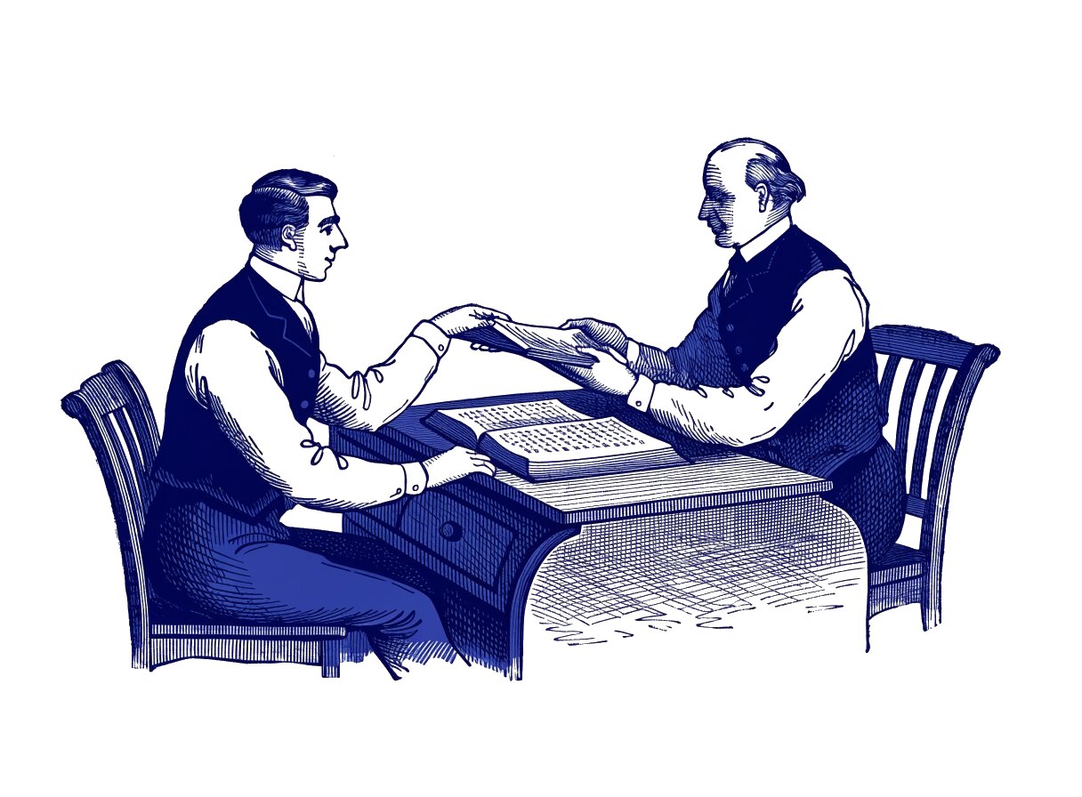 Engraving of an accountant handing papers across a desk to a business owner