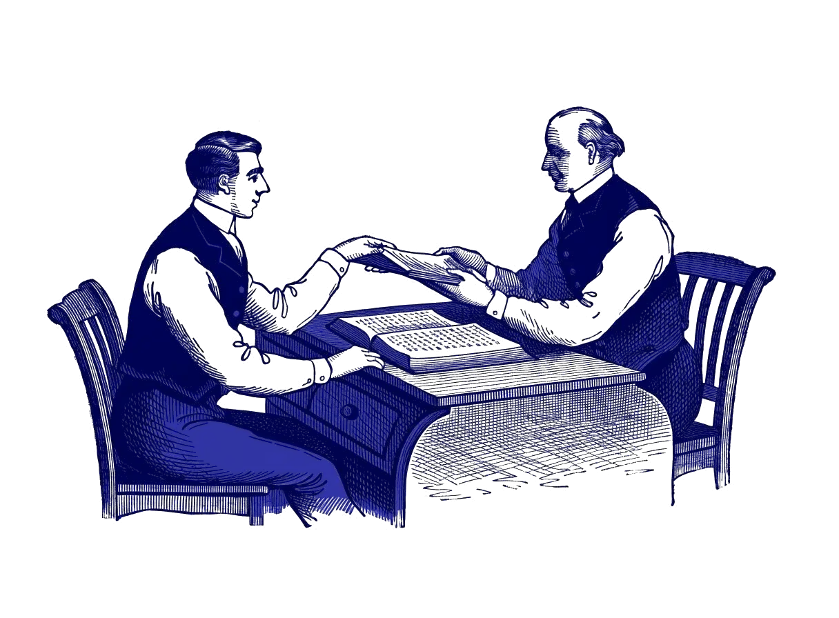 Engraving of advisors at a long table