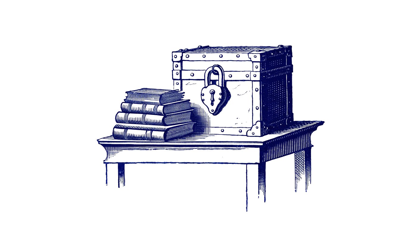 Engraving of a locked strongbox beside a stack of ledgers