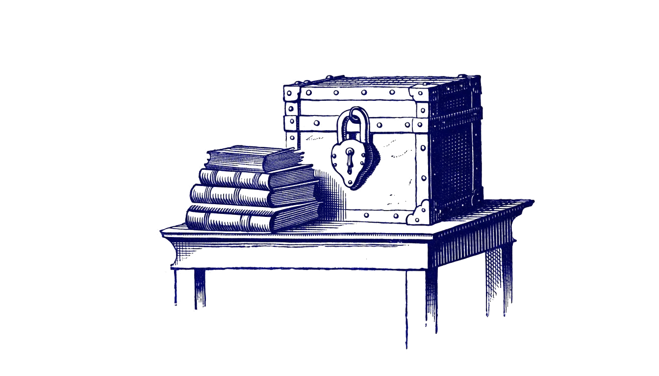 Engraving of a locked strongbox beside a stack of ledgers