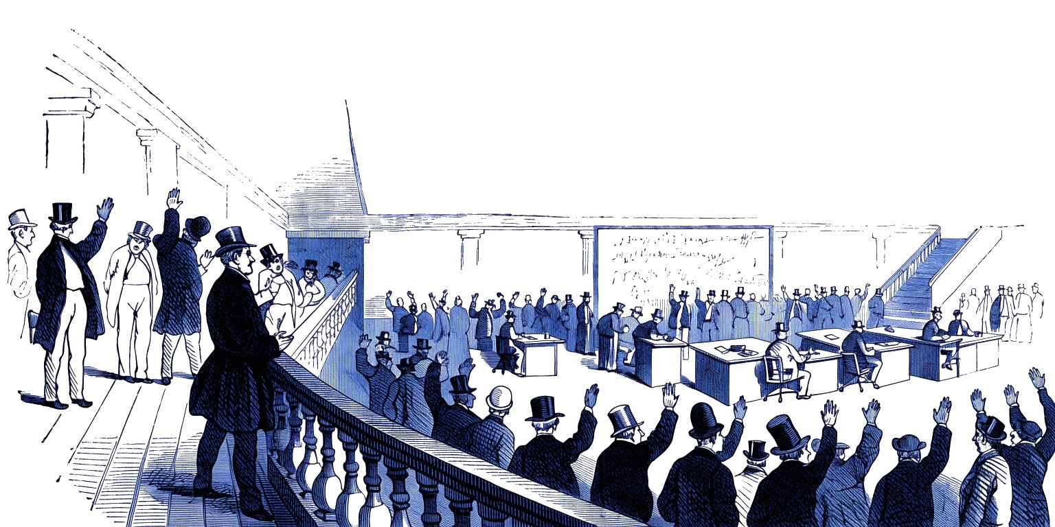 Engraving of a crowded trading floor