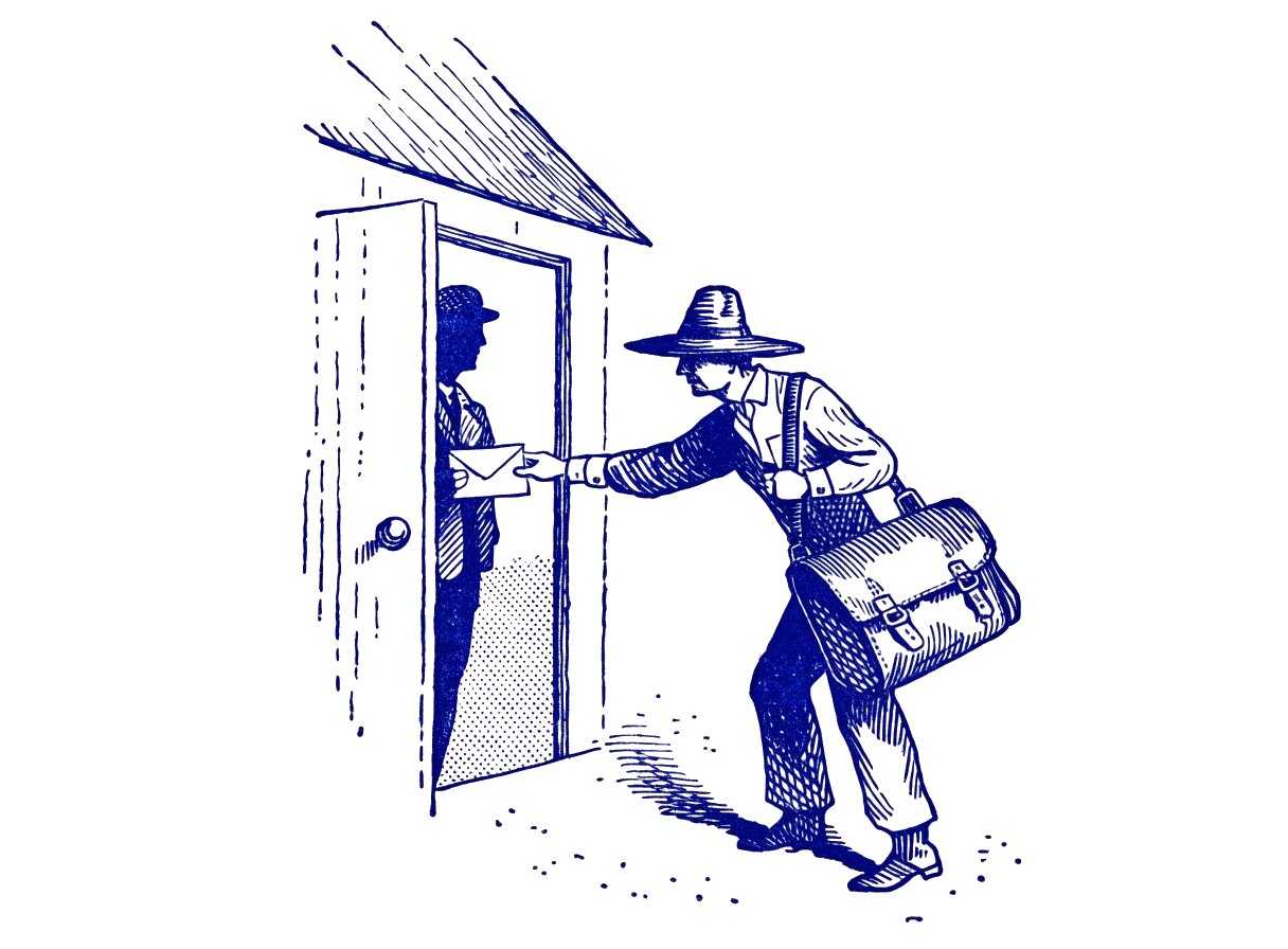 Engraving of a mail carrier handing a letter through an office door