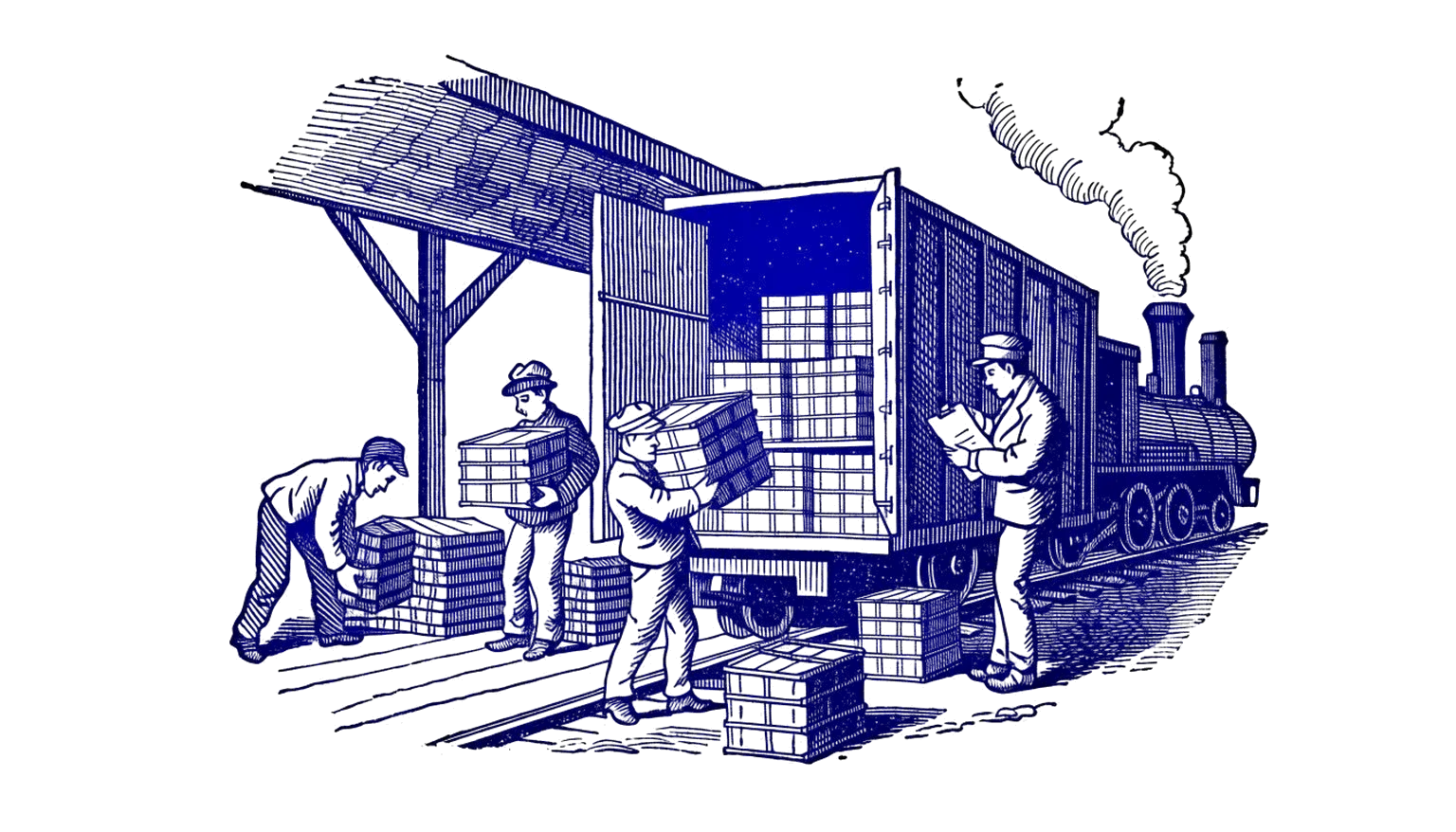 Engraving of workers loading bundles of records into a train boxcar