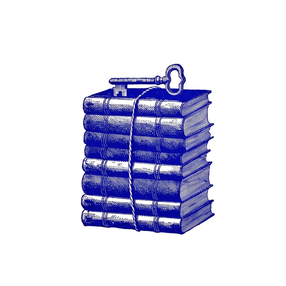 Engraving of a stack of ledgers tied with string