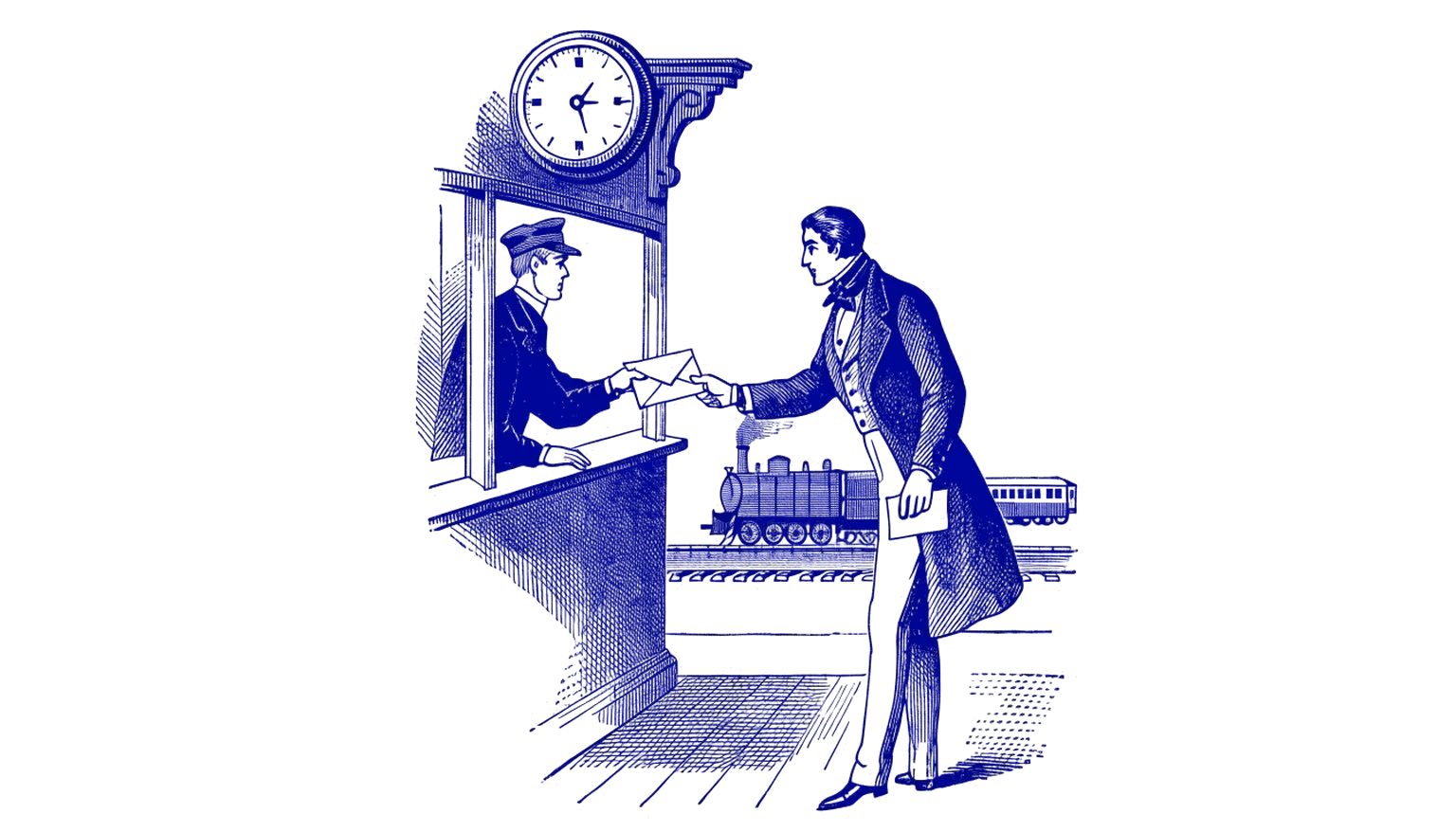 Engraving of a station clerk handing an envelope to a businessman under a large clock