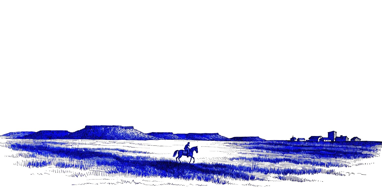 Engraving of a rider crossing an open plain toward a town