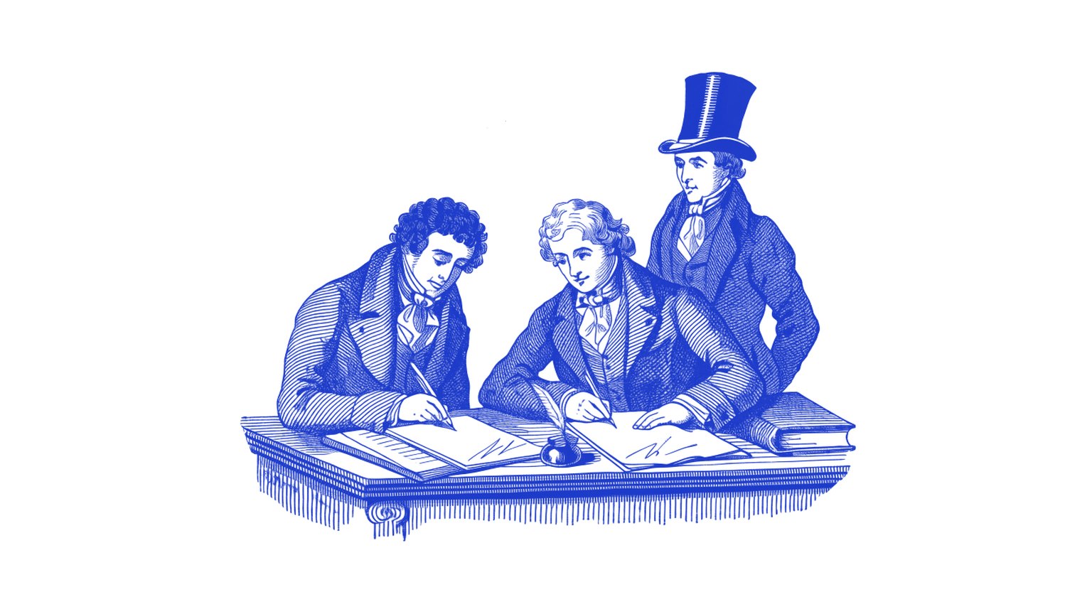 Engraving of two men signing a contract at a desk