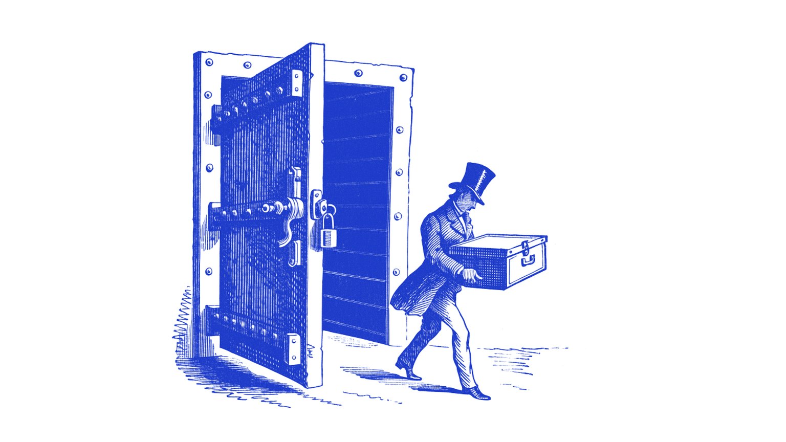 Engraving of an open bank vault with a clerk carrying a strongbox