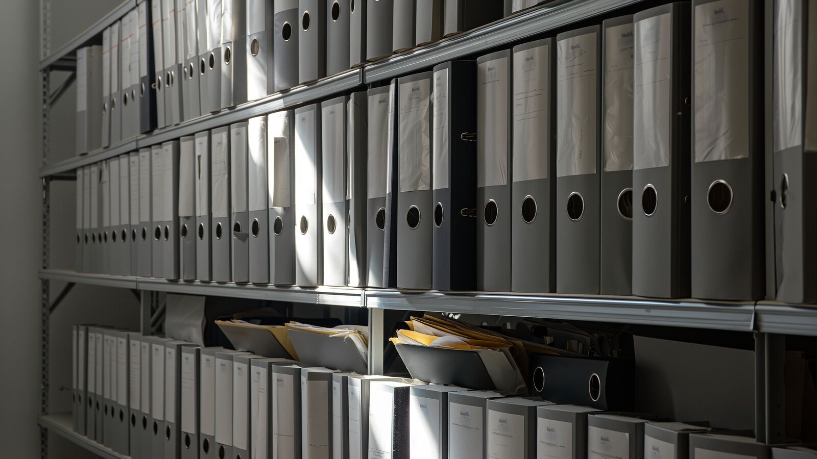 Shelves of job record binders in a contractor's back office