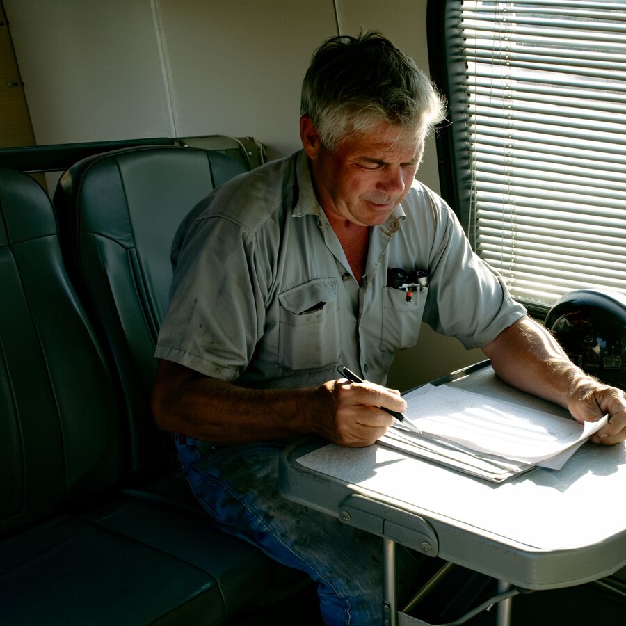 Contractor reading work orders in a jobsite trailer