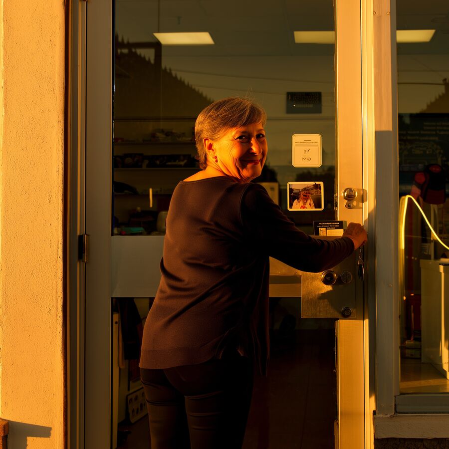 Owner locking the front door of her agency at the end of the day