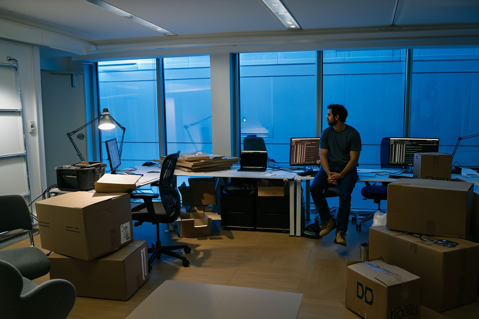 Founder sitting in a half-packed office